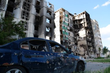 BORODYANKA, UKRAINE, JUNE 8, 2022: After bombing. Russian army of terrorist and marauders dropped bombs and destroyed houses, killed civilians on February 2022. Terror and genocide of Ukrainian people