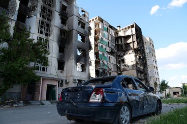 BORODYANKA, UKRAINE, JUNE 8, 2022: After bombing. Russian army of terrorist and marauders dropped bombs and destroyed houses, killed civilians on February 2022. Terror and genocide of Ukrainian people