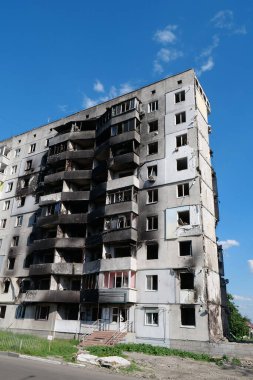 BORODYANKA, UKRAINE, JUNE 8, 2022: After bombing. Russian army of terrorist and marauders dropped bombs and destroyed houses, killed civilians on February 2022. Terror and genocide of Ukrainian people
