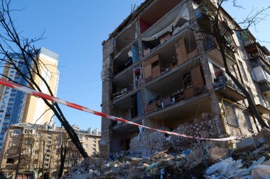 KYIV, UKRAINE, MARCH 20, 2022: After bombing. Russian terrorist army dropped missile and destroyed house in residential district in Kyiv city on March 18, 2022. Terror and genocide of Ukrainian people