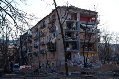 KYIV, UKRAINE, MARCH 20, 2022: After bombing. Russian terrorist army dropped missile and destroyed house in residential district in Kyiv city on March 18, 2022. Terror and genocide of Ukrainian people