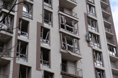 KYIV, UKRAINE, APRIL 29, 2022: After bombing. Dwelling house destroyed by russian missile in Kyiv city on end of April 2022. Russian aggression. War in Ukraine. Terror and genocide of Ukrainian people