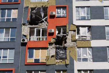 IRPIN, UKRAINE, JUNE 6, 2022: Russian terrorist army damaged dwelling houses and killed people in Irpin town, Kyiv Oblast on March 2022. After bombing.Terror and genocide of Ukrainian people