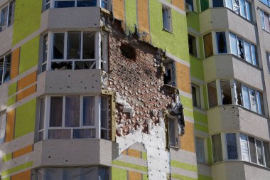IRPIN, UKRAINE, JUNE 6, 2022: Russian terrorist army damaged dwelling houses and killed people in Irpin town, Kyiv Oblast on March 2022. After bombing.Terror and genocide of Ukrainian people