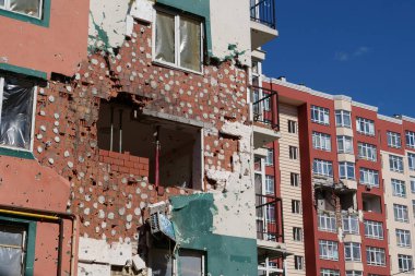 IRPIN, UKRAINE, JUNE 6, 2022: Russian terrorist army damaged dwelling houses and killed people in Irpin town, Kyiv Oblast on March 2022. After bombing.Terror and genocide of Ukrainian people