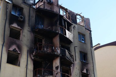 IRPIN, UKRAINE, JUNE 6, 2022: Russian terrorist army damaged dwelling houses and killed people in Irpin town, Kyiv Oblast on March 2022. After bombing.Terror and genocide of Ukrainian people