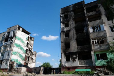 BORODYANKA, UKRAINE, JUNE 8, 2022: After bombing. Russian army of terrorist and marauders dropped bombs and destroyed houses, killed civilians on February 2022. Terror and genocide of Ukrainian people