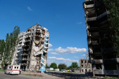 BORODYANKA, UKRAINE, JUNE 8, 2022: After bombing. Russian army of terrorist and marauders dropped bombs and destroyed houses, killed civilians on February 2022. Terror and genocide of Ukrainian people