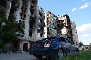 BORODYANKA, UKRAINE, JUNE 8, 2022: After bombing. Russian army of terrorist and marauders dropped bombs and destroyed houses, killed civilians on February 2022. Terror and genocide of Ukrainian people
