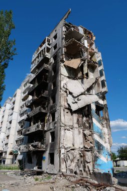 BORODYANKA, UKRAINE, JUNE 8, 2022: After bombing. Russian army of terrorist and marauders dropped bombs and destroyed houses, killed civilians on February 2022. Terror and genocide of Ukrainian people