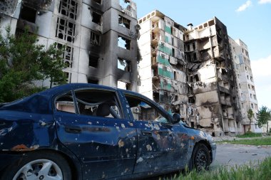 BORODYANKA, UKRAINE, JUNE 8, 2022: After bombing. Russian army of terrorist and marauders dropped bombs and destroyed houses, killed civilians on February 2022. Terror and genocide of Ukrainian people