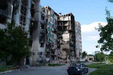 BORODYANKA, UKRAINE, JUNE 8, 2022: After bombing. Russian army of terrorist and marauders dropped bombs and destroyed houses, killed civilians on February 2022. Terror and genocide of Ukrainian people