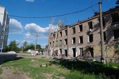 BORODYANKA, UKRAINE, JUNE 8, 2022: After bombing. Russian army of terrorist and marauders dropped bombs and destroyed houses, killed civilians on February 2022. Terror and genocide of Ukrainian people