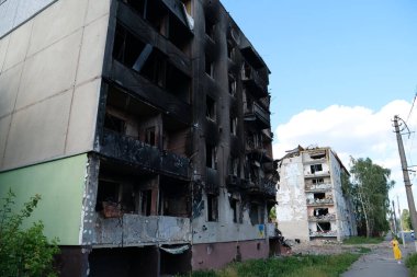 BORODYANKA, UKRAINE, JUNE 8, 2022: After bombing. Russian army of terrorist and marauders dropped bombs and destroyed houses, killed civilians on February 2022. Terror and genocide of Ukrainian people