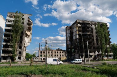BORODYANKA, UKRAINE, JUNE 8, 2022: After bombing. Russian army of terrorist and marauders dropped bombs and destroyed houses, killed civilians on February 2022. Terror and genocide of Ukrainian people