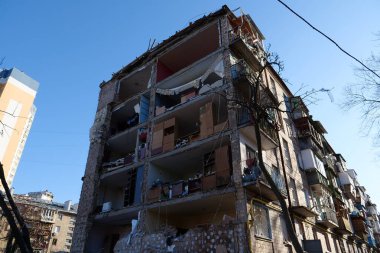 KYIV, UKRAINE, MARCH 20, 2022: After bombing. Russian terrorist army dropped missile and destroyed house in residential district in Kyiv city on March 18, 2022. Terror and genocide of Ukrainian people