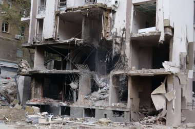 KYIV, UKRAINE, APRIL 29, 2022: After bombing. Dwelling house destroyed by russian missile in Kyiv city on end of April 2022. Russian aggression. War in Ukraine. Terror and genocide of Ukrainian people