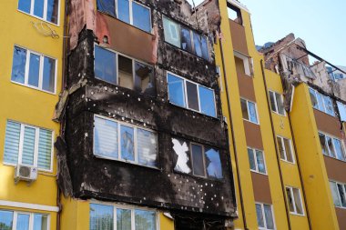 IRPIN, UKRAINE, JUNE 6, 2022: Russian terrorist army damaged dwelling houses and killed people in Irpin town, Kyiv Oblast on March 2022. After bombing.Terror and genocide of Ukrainian people