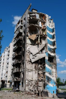 BORODYANKA, UKRAINE, JUNE 8, 2022: After bombing. Russian army of terrorist and marauders dropped bombs and destroyed houses, killed civilians on February 2022. Terror and genocide of Ukrainian people