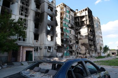 BORODYANKA, UKRAINE, JUNE 8, 2022: After bombing. Russian army of terrorist and marauders dropped bombs and destroyed houses, killed civilians on February 2022. Terror and genocide of Ukrainian people