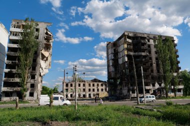 BORODYANKA, UKRAINE, JUNE 8, 2022: After bombing. Russian army of terrorist and marauders dropped bombs and destroyed houses, killed civilians on February 2022. Terror and genocide of Ukrainian people