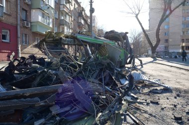 KYIV, UKRAINE, MARCH 20, 2022: After bombing. War in Ukraine. Russian missile destroyed trolleybus in Kyiv city on March 14, 2022. Terror and genocide of Ukrainian people