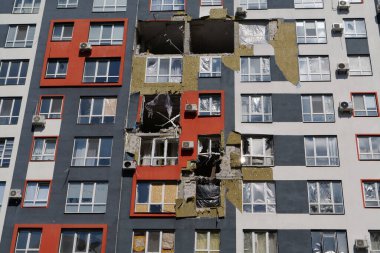 IRPIN, UKRAINE, JUNE 6, 2022: Russian terrorist army damaged dwelling houses and killed people in Irpin town, Kyiv Oblast on March 2022. After bombing.Terror and genocide of Ukrainian people