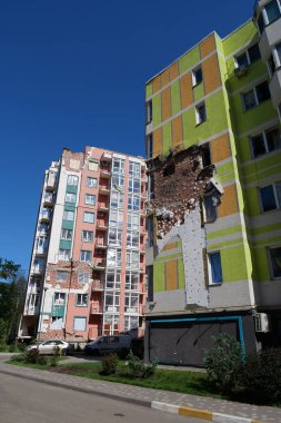 IRPIN, UKRAINE, JUNE 6, 2022: Russian terrorist army damaged dwelling houses and killed people in Irpin town, Kyiv Oblast on March 2022. After bombing.Terror and genocide of Ukrainian people