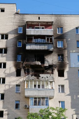 IRPIN, UKRAINE, JUNE 6, 2022: Russian terrorist army damaged dwelling houses and killed people in Irpin town, Kyiv Oblast on March 2022. After bombing.Terror and genocide of Ukrainian people