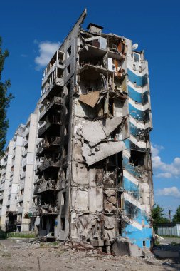 BORODYANKA, UKRAINE, JUNE 8, 2022: After bombing. Russian army of terrorist and marauders dropped bombs and destroyed houses, killed civilians on February 2022. Terror and genocide of Ukrainian people