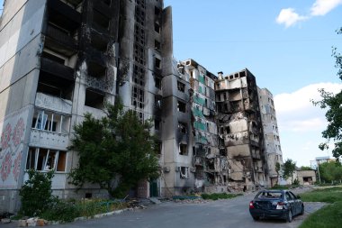 BORODYANKA, UKRAINE, JUNE 8, 2022: After bombing. Russian army of terrorist and marauders dropped bombs and destroyed houses, killed civilians on February 2022. Terror and genocide of Ukrainian people