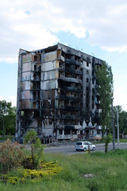 BORODYANKA, UKRAINE, JUNE 8, 2022: After bombing. Russian army of terrorist and marauders dropped bombs and destroyed houses, killed civilians on February 2022. Terror and genocide of Ukrainian people