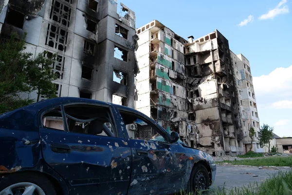 BORODYANKA, UKRAINE, JUNE 8, 2022: After bombing. Russian army of terrorist and marauders dropped bombs and destroyed houses, killed civilians on February 2022. Terror and genocide of Ukrainian people