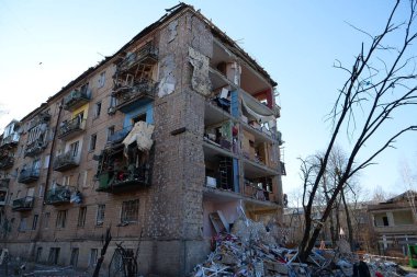 KYIV, UKRAINE, MARCH 20, 2022: After bombing. Russian terrorist army dropped missile and destroyed house in residential district in Kyiv city on March 18, 2022. Terror and genocide of Ukrainian people