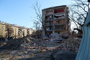 KYIV, UKRAINE, MARCH 20, 2022: After bombing. Russian terrorist army dropped missile and destroyed house in residential district in Kyiv city on March 18, 2022. Terror and genocide of Ukrainian people