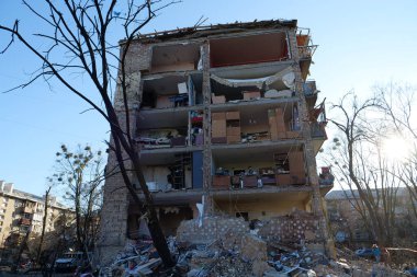 KYIV, UKRAINE, MARCH 20, 2022: After bombing. Russian terrorist army dropped missile and destroyed house in residential district in Kyiv city on March 18, 2022. Terror and genocide of Ukrainian people