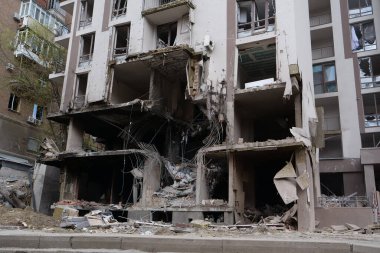 KYIV, UKRAINE, APRIL 29, 2022: After bombing. Dwelling house destroyed by russian missile in Kyiv city on end of April 2022. Russian aggression. War in Ukraine. Terror and genocide of Ukrainian people