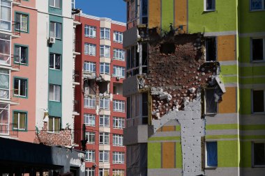 IRPIN, UKRAINE, JUNE 6, 2022: Russian terrorist army damaged dwelling houses and killed people in Irpin town, Kyiv Oblast on March 2022. After bombing.Terror and genocide of Ukrainian people