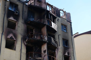 IRPIN, UKRAINE, JUNE 6, 2022: Russian terrorist army damaged dwelling houses and killed people in Irpin town, Kyiv Oblast on March 2022. After bombing.Terror and genocide of Ukrainian people