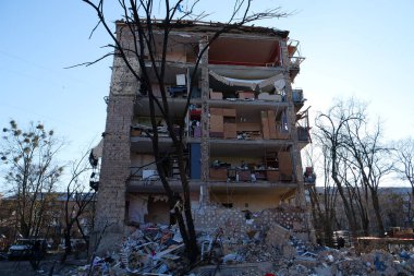 KYIV, UKRAINE, MARCH 20, 2022: After bombing. Russian terrorist army dropped missile and destroyed house in residential district in Kyiv city on March 18, 2022. Terror and genocide of Ukrainian people