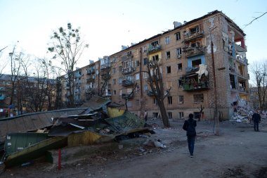KYIV, UKRAINE, MARCH 20, 2022: After bombing. Russian terrorist army dropped missile and destroyed house in residential district in Kyiv city on March 18, 2022. Terror and genocide of Ukrainian people