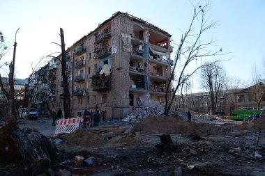 KYIV, UKRAINE, MARCH 20, 2022: After bombing. Russian terrorist army dropped missile and destroyed house in residential district in Kyiv city on March 18, 2022. Terror and genocide of Ukrainian people