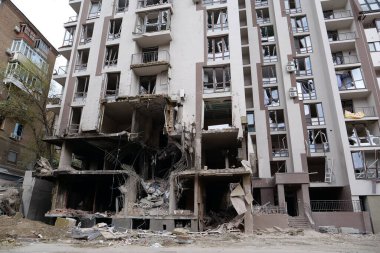 KYIV, UKRAINE, APRIL 29, 2022: After bombing. Dwelling house destroyed by russian missile in Kyiv city on end of April 2022. Russian aggression. War in Ukraine. Terror and genocide of Ukrainian people
