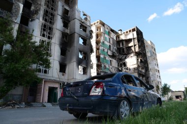 BORODYANKA, UKRAINE, JUNE 8, 2022: After bombing. Russian army of terrorist and marauders dropped bombs and destroyed houses, killed civilians on February 2022. Terror and genocide of Ukrainian people