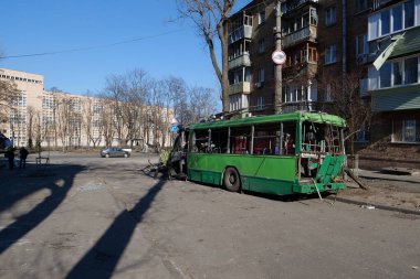 KYIV, UKRAINE, MARCH 20, 2022: After bombing. War in Ukraine. Russian missile destroyed trolleybus in Kyiv city on March 14, 2022. Terror and genocide of Ukrainian people