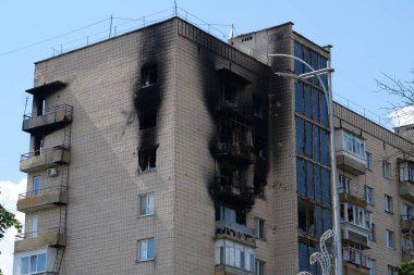 BUCHA, UKRAINE, JUNE 8, 2022: War in Ukraine. Russian army of terrorist and marauders damaged dwelling house in Bucha, Kyiv Region on March 2022. After bombing. Terror and genocide of Ukrainian people