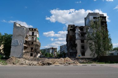 BORODYANKA, UKRAINE, JUNE 8, 2022: After bombing. Russian army of terrorist and marauders dropped bombs and destroyed houses, killed civilians on February 2022. Terror and genocide of Ukrainian people