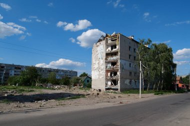 BORODYANKA, UKRAINE, JUNE 8, 2022: After bombing. Russian army of terrorist and marauders dropped bombs and destroyed houses, killed civilians on February 2022. Terror and genocide of Ukrainian people