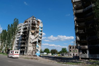 BORODYANKA, UKRAINE, JUNE 8, 2022: After bombing. Russian army of terrorist and marauders dropped bombs and destroyed houses, killed civilians on February 2022. Terror and genocide of Ukrainian people