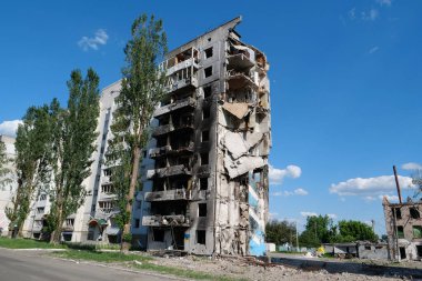 BORODYANKA, UKRAINE, JUNE 8, 2022: After bombing. Russian army of terrorist and marauders dropped bombs and destroyed houses, killed civilians on February 2022. Terror and genocide of Ukrainian people